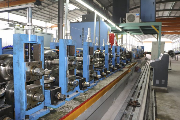 Pipe forming machine in a steel factory